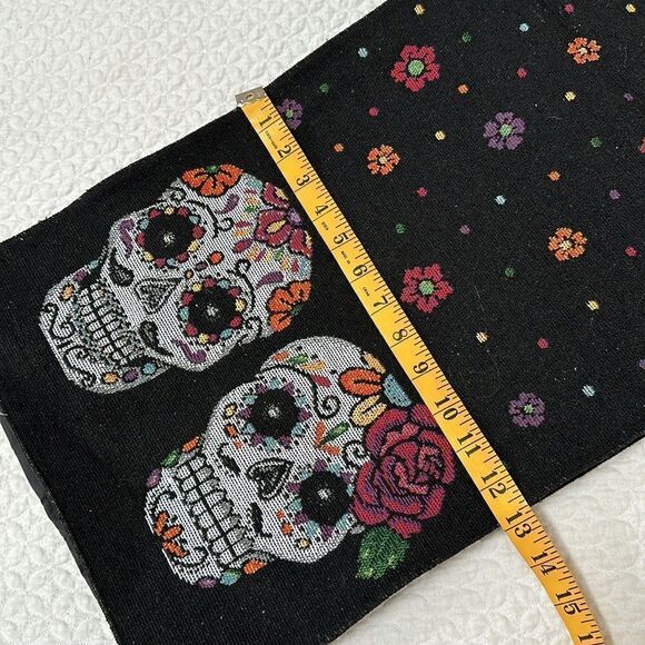 Sugar Skull Table Runner Black Flowers Dia de Los Muertos 70” X 13” Canvas - Picture 5 of 5